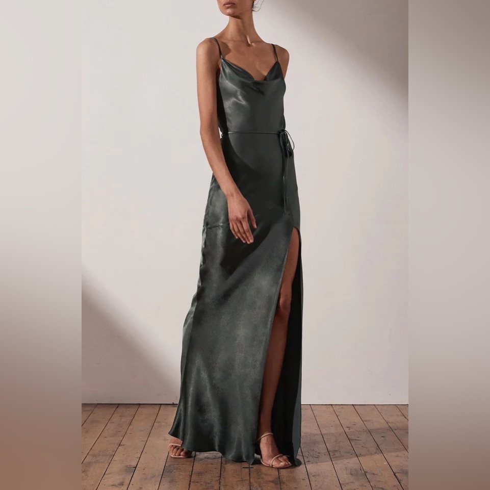 Shona Joy Olive Satin Cowl Maxi Dress With Thigh Slit